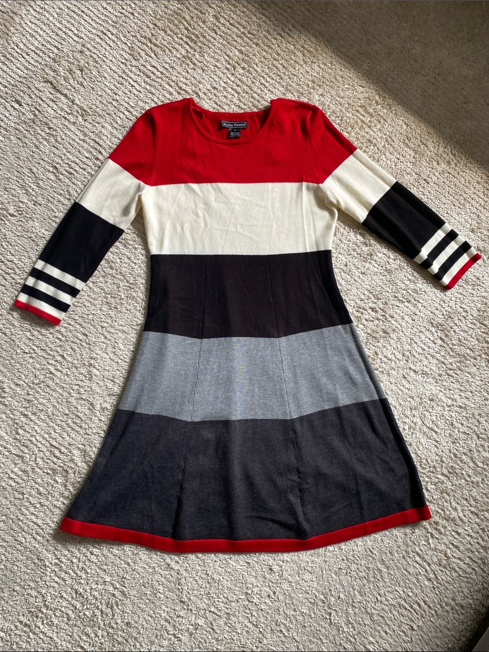 Jessica Howard Red, White, Black & Gray Stripe Knit Dress